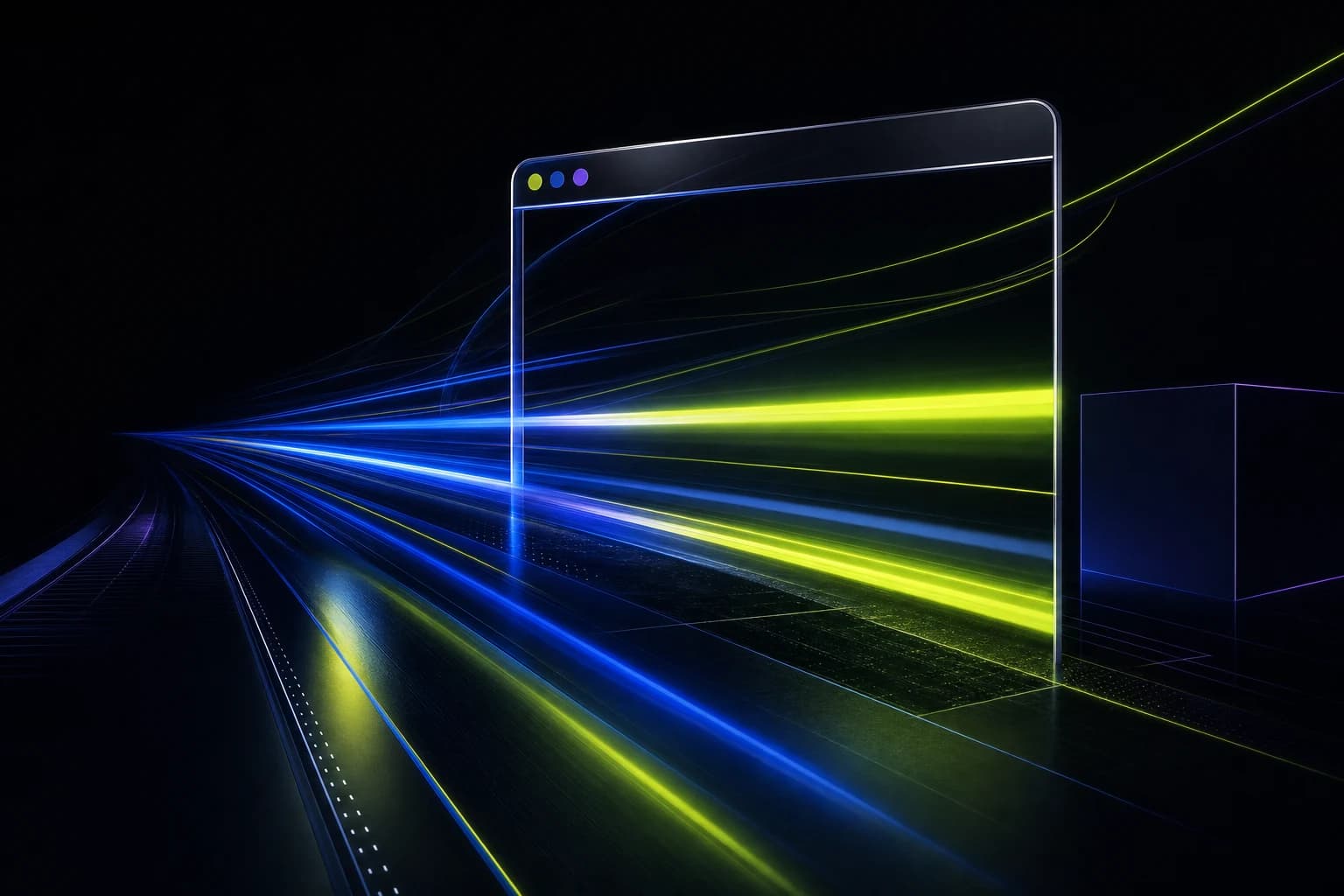 Electric blue and lime trails moving toward a browser frame